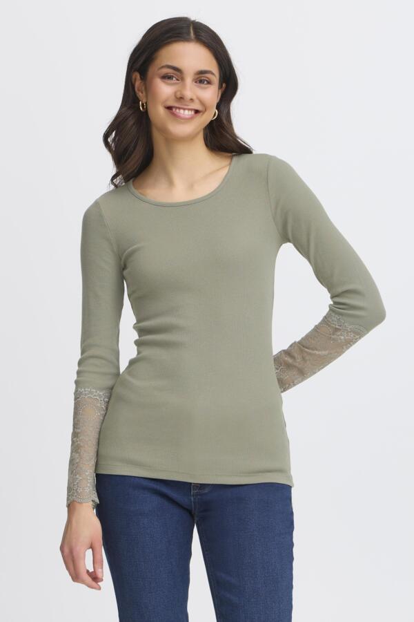 Hizamond T shirt með blúndu á ermum Dusty olive