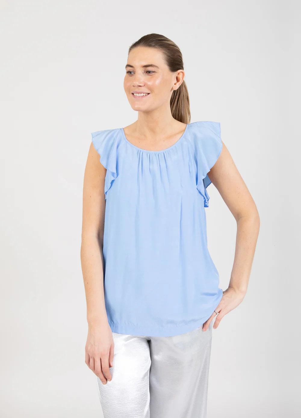 Top with ruffle sleeves sky blue