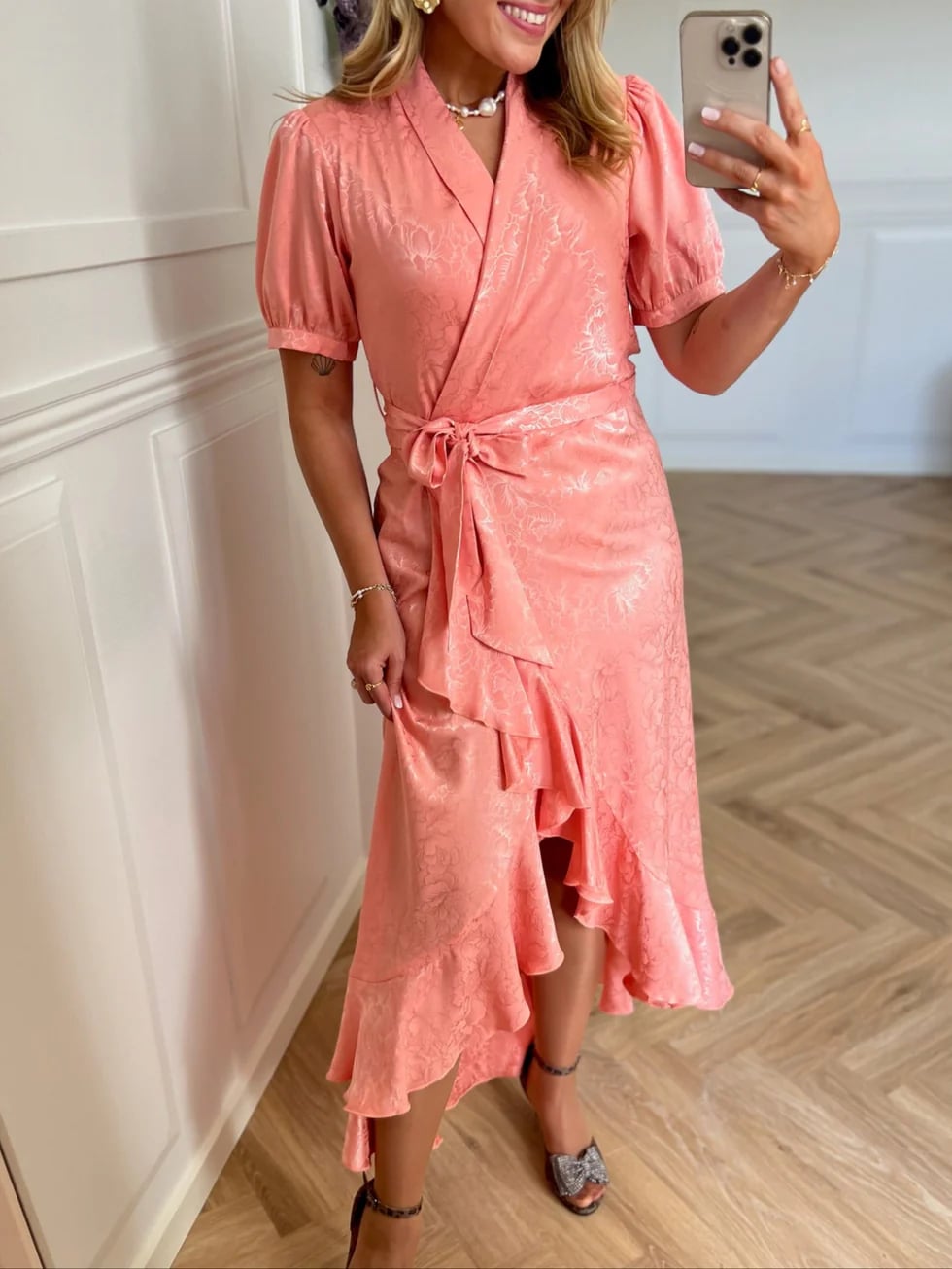 Iris dress peach flower jaquard