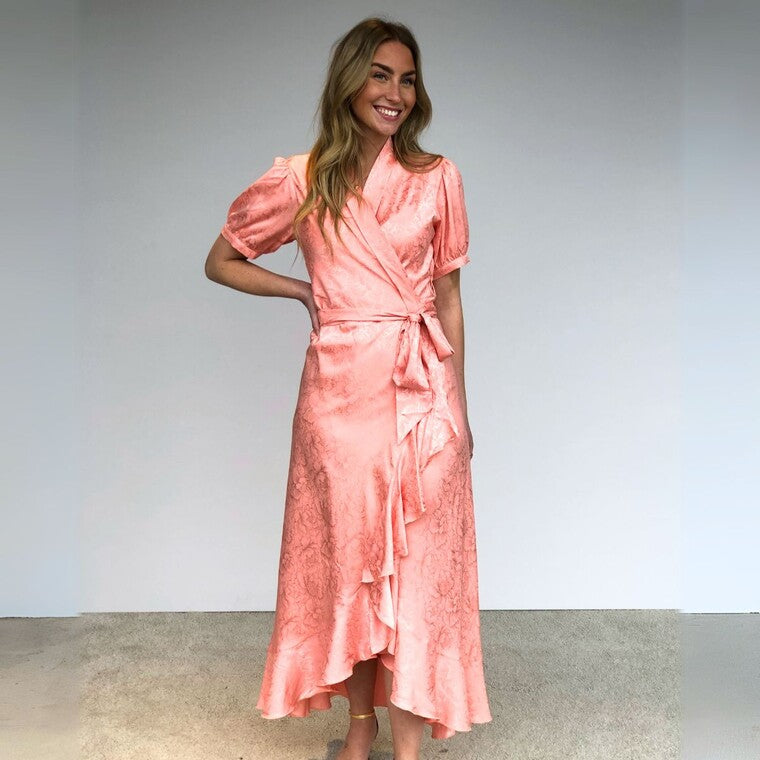 Iris dress peach flower jaquard