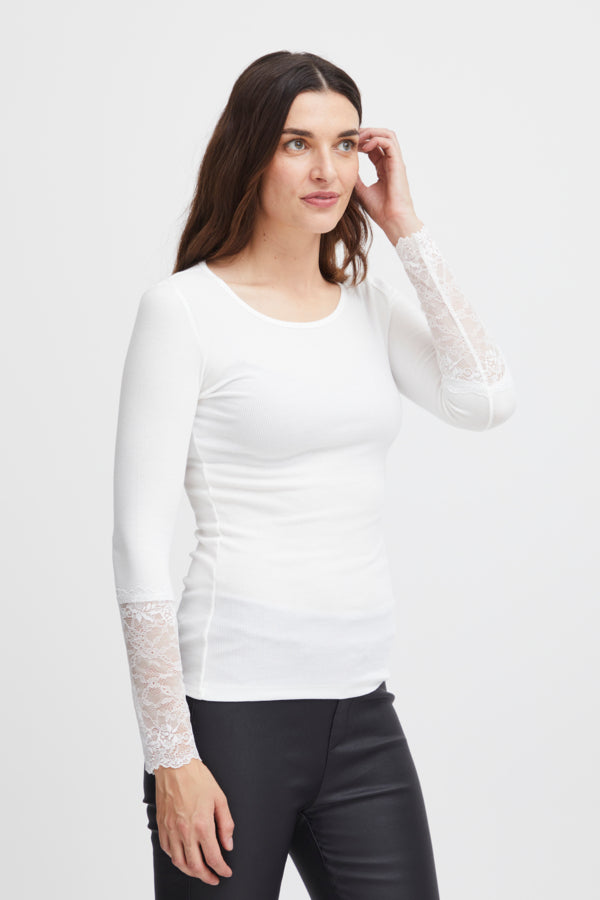 Hizamond T shirt með blúndu á ermum hvítur