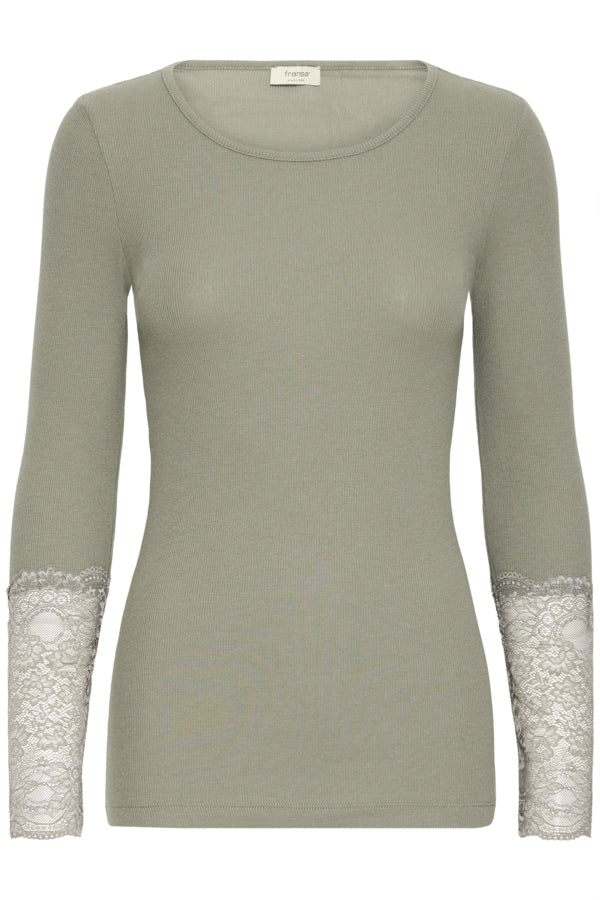 Hizamond T shirt með blúndu á ermum Dusty olive