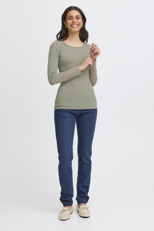 Hizamond T shirt með blúndu á ermum Dusty olive