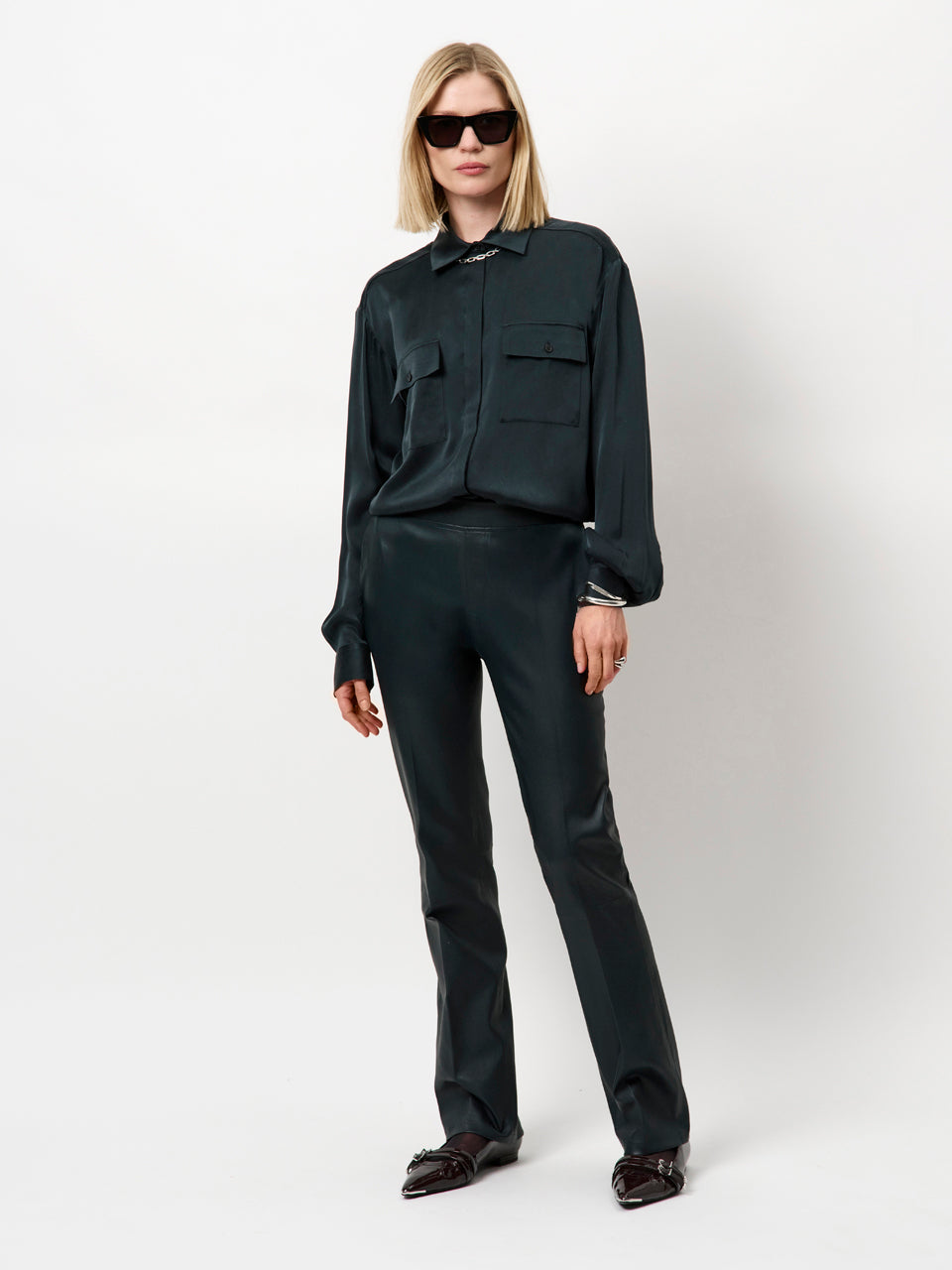 Lova stretch leather pants midnight green