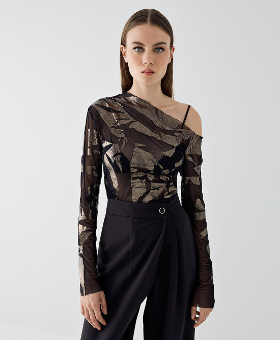 Mesh blouse with metallic-effect details