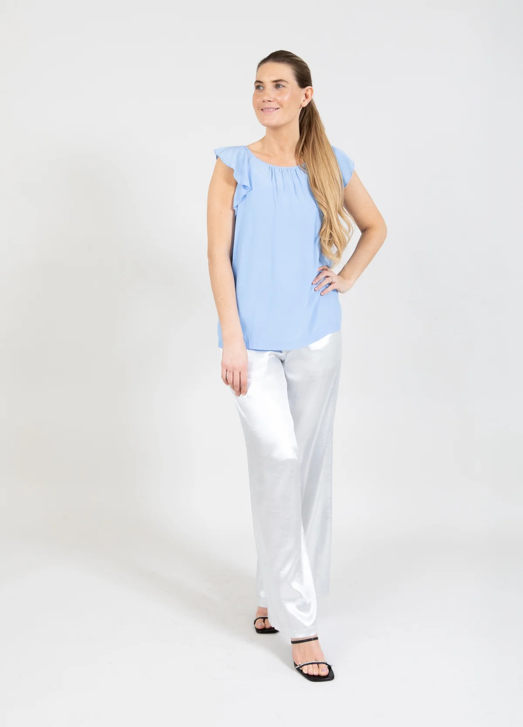 Top with ruffle sleeves sky blue