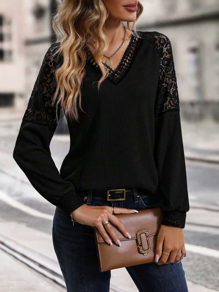 Langerma bolur m.V-hálsm. Blúnda