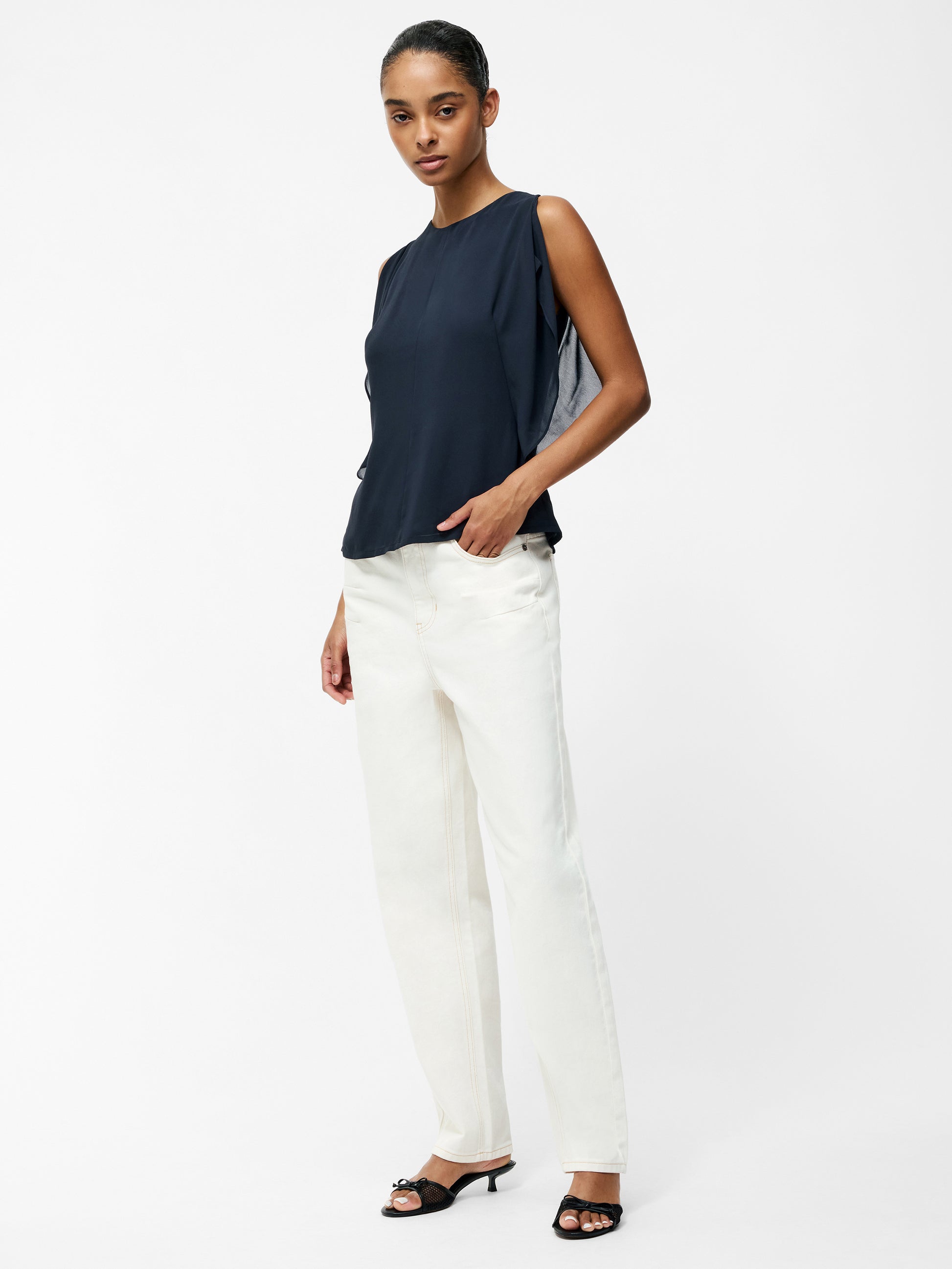Eden Georgette Flutter Sleeve Top Navy