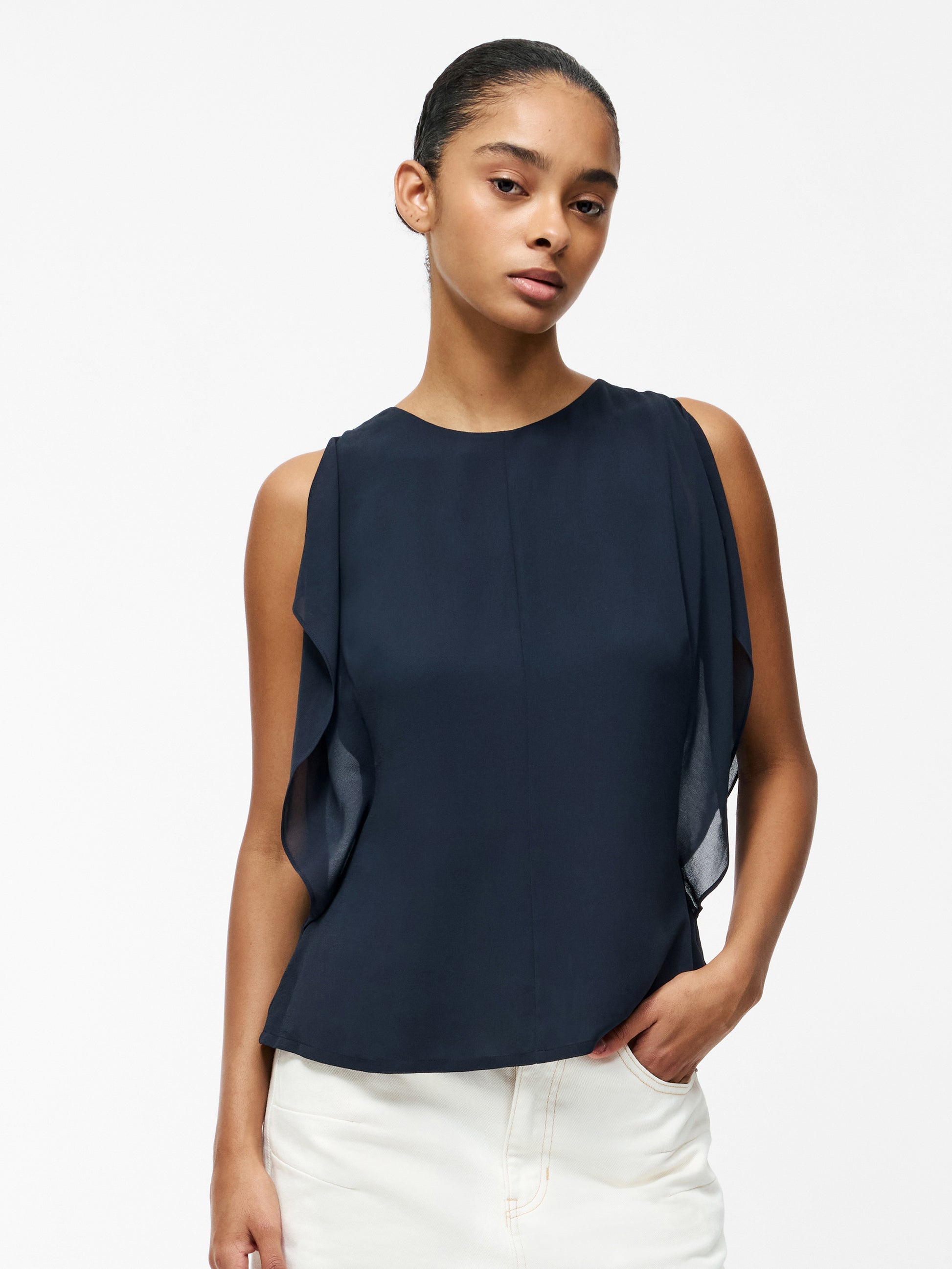 Eden Georgette Flutter Sleeve Top Navy